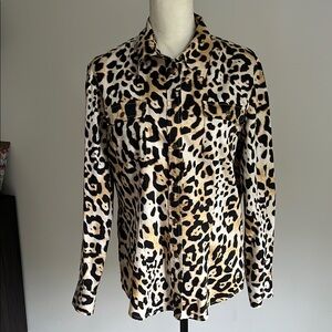 Jones New York Leopard Print Fitted Long Sleeve Button Down